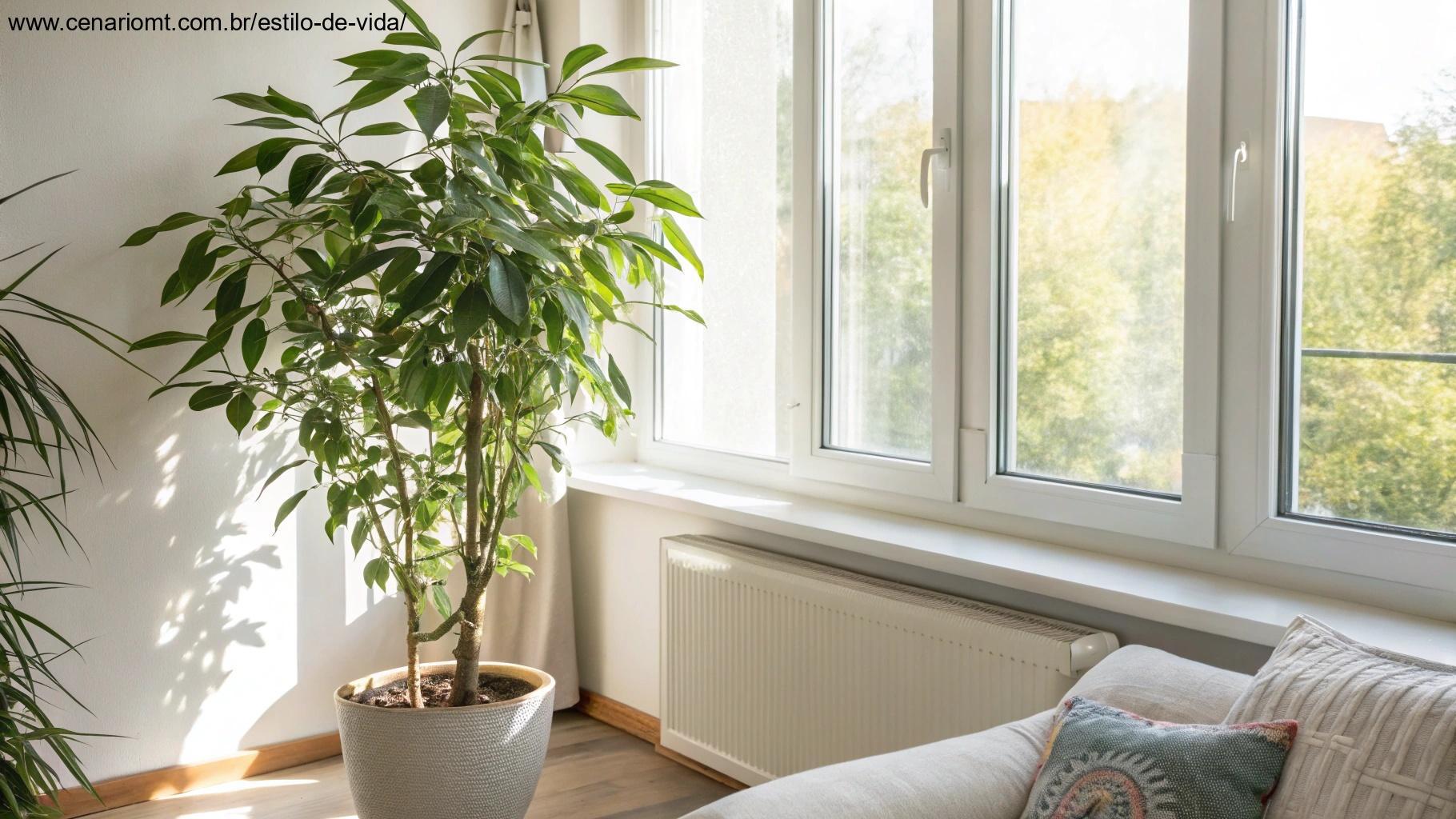 sala com planta perto de uma janela com muita luz natural, mostrando os benefícios da luz para o crescimento das plantas