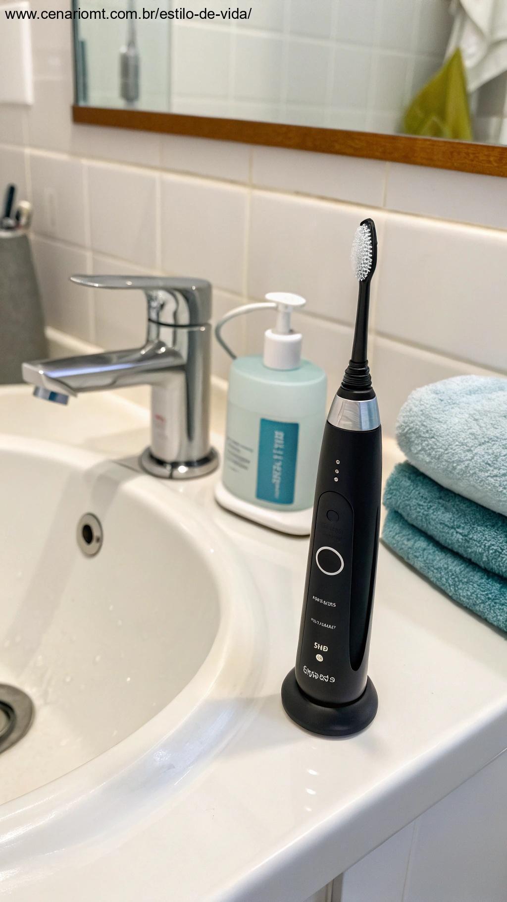 Ferramenta de limpeza ultrassônica moderna colocada em um balcão de banheiro, com um ralo limpo e desobstruído ao fundo