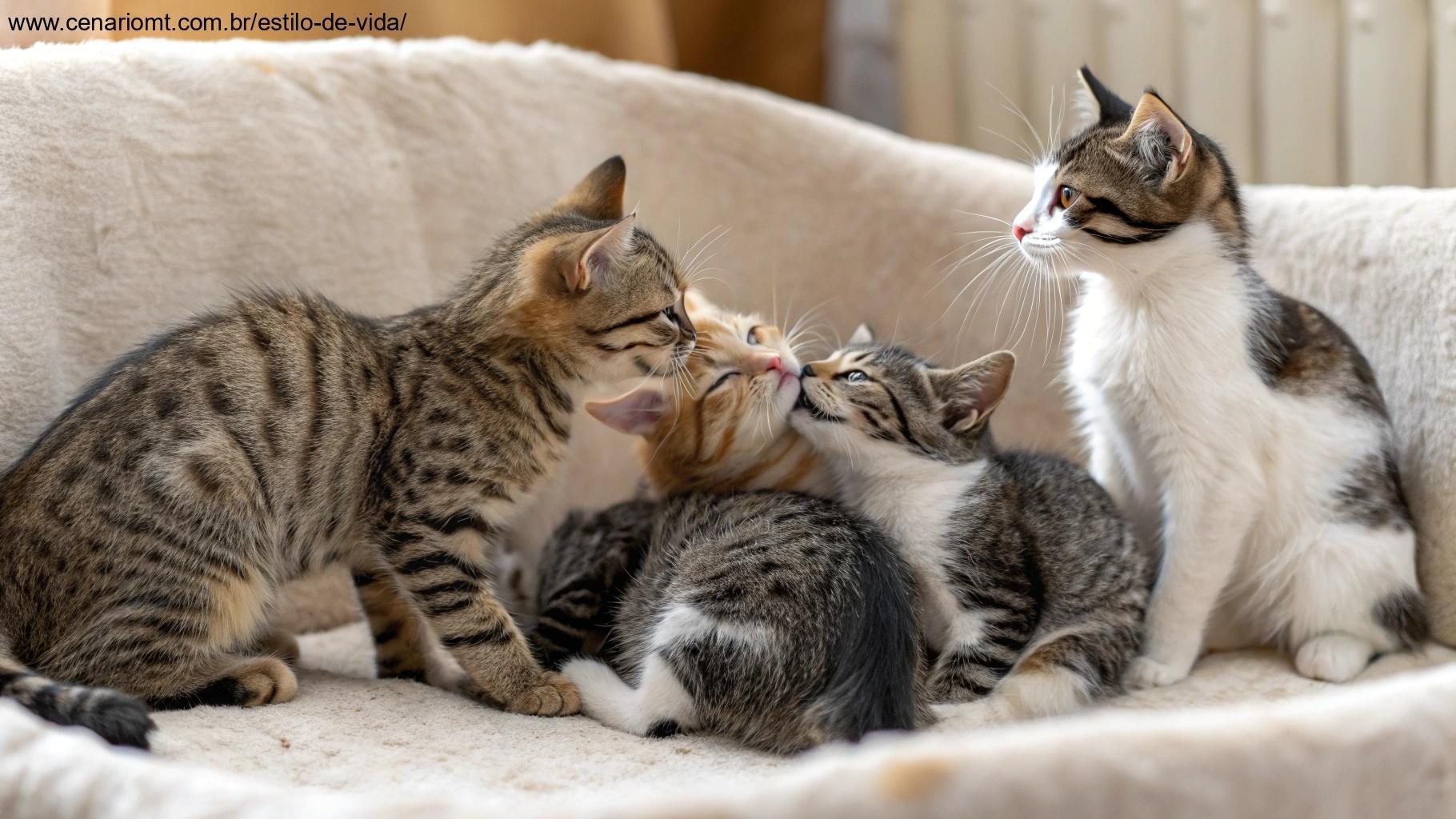 Gatos juntos em um canto confortável, demonstrando que podem ser sociáveis.
