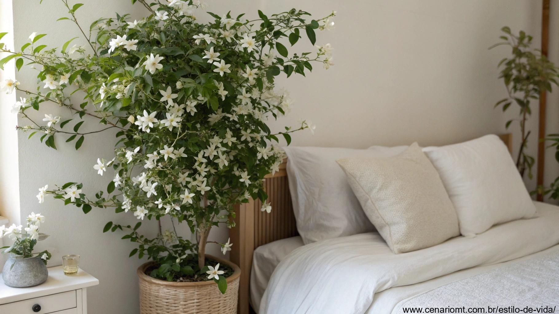 canto tranquilo de um quarto com uma planta de jasmim em plena floração, com pequenas flores brancas adicionando um ambiente calmo ao quarto