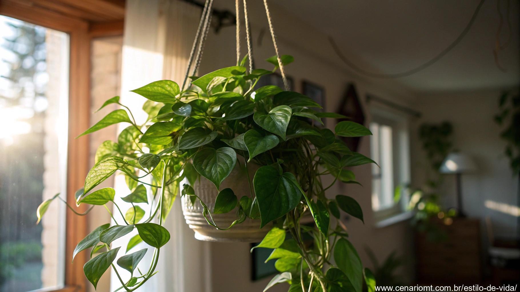planta pothos verdejante caindo de um vaso suspenso em um canto aconchegante com luz suave
