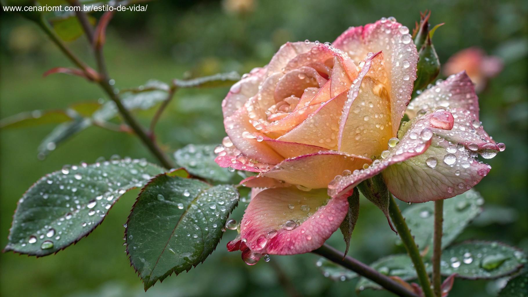 Uma rosa fresca com gotas de orvalho em seus pétalas.