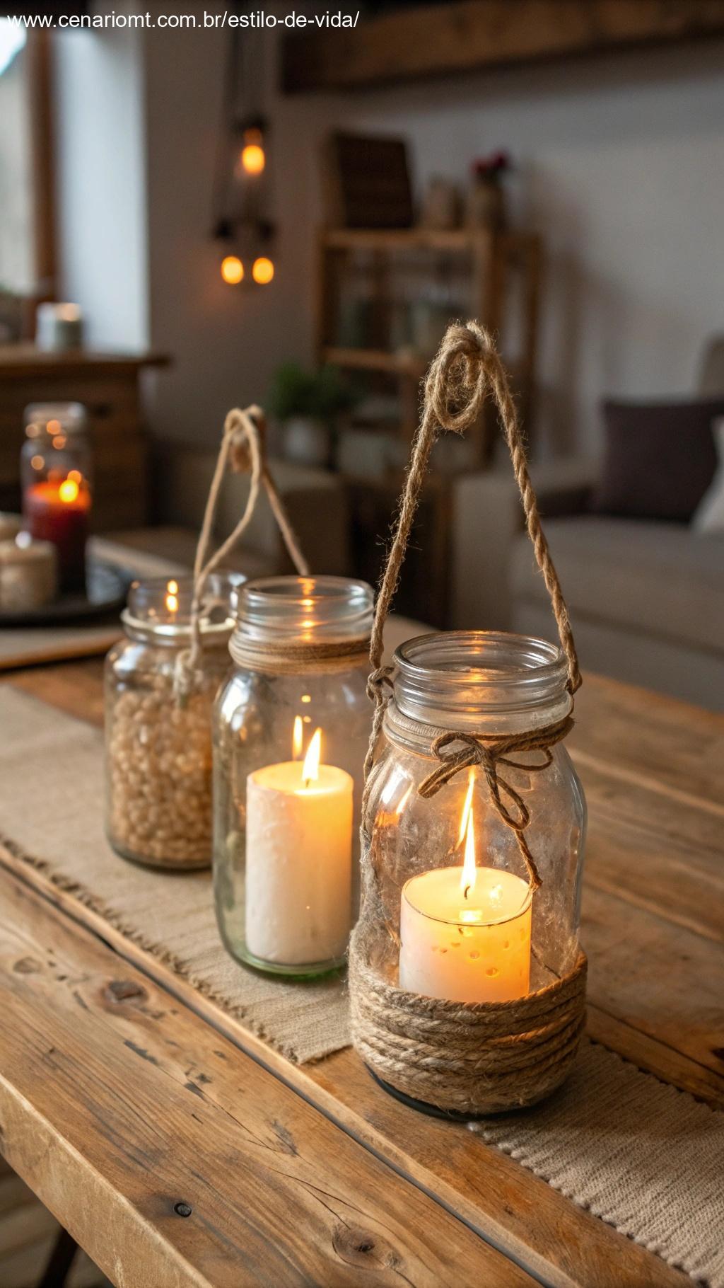 Luminárias artesanais feitas de frascos de vidro com velas dentro, colocadas em uma mesa de madeira rústica em um ambiente aconchegante
