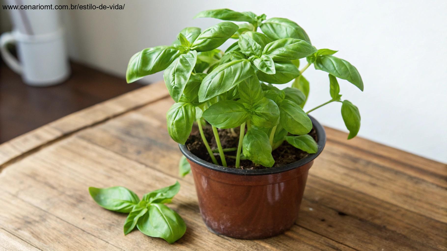 Uma planta de manjericão vibrante e verde em um vaso pequeno sobre uma superfície de madeira.