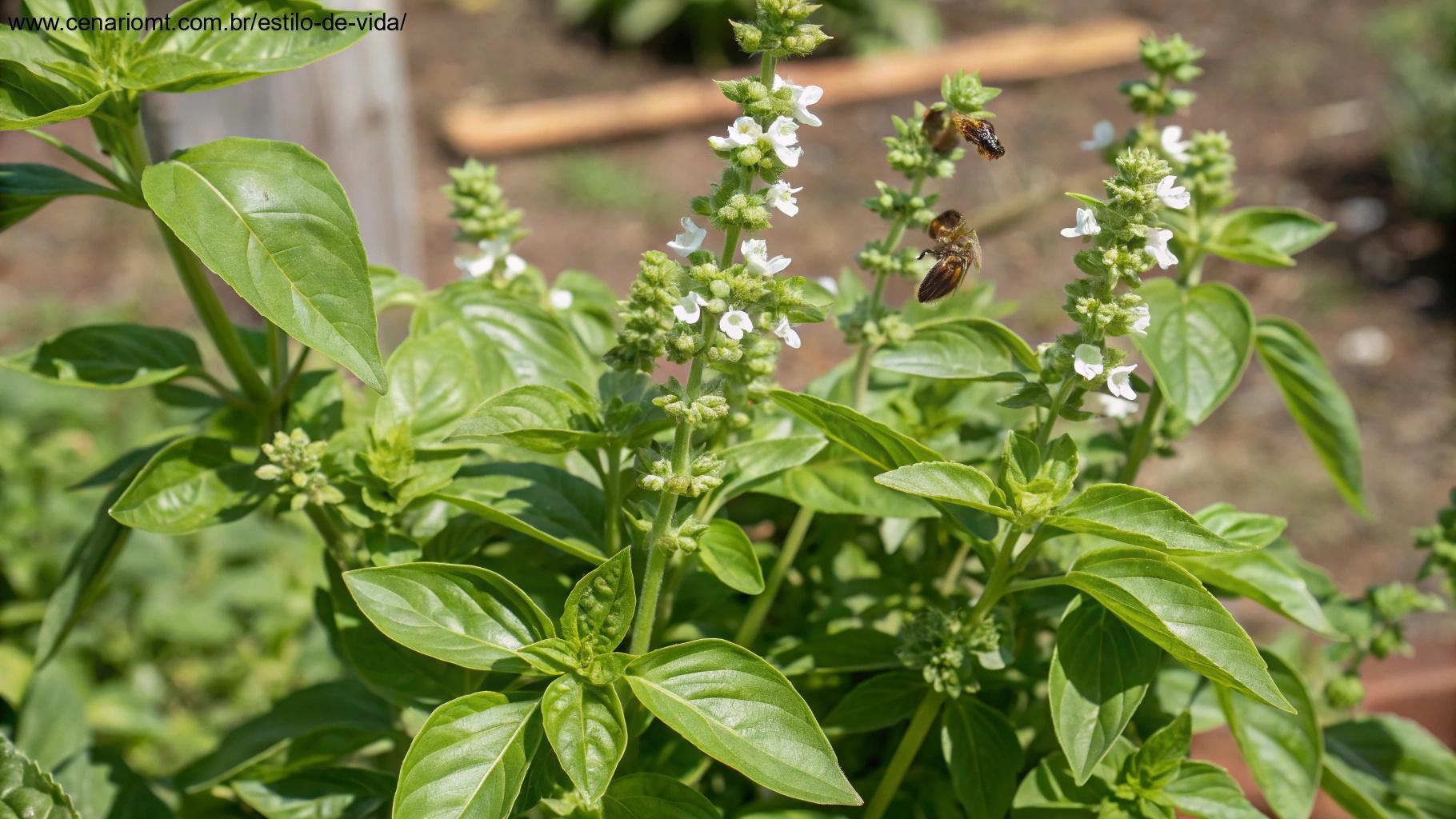 uma planta de manjericão (Ocimum basilicum) saudável com folhas verdes exuberantes