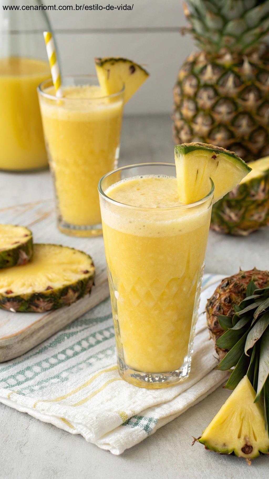 Smoothie de abacaxi em um copo, com fatias na borda, destacando seus benefícios para a digestão.