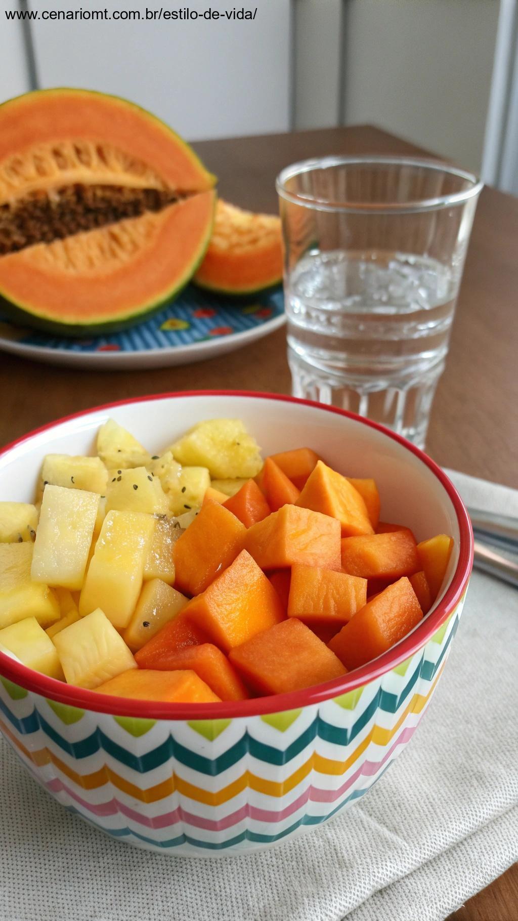 Uma tigela colorida com frutas mistas como mamão, abacaxi e manga, ao lado de um copo de água.
