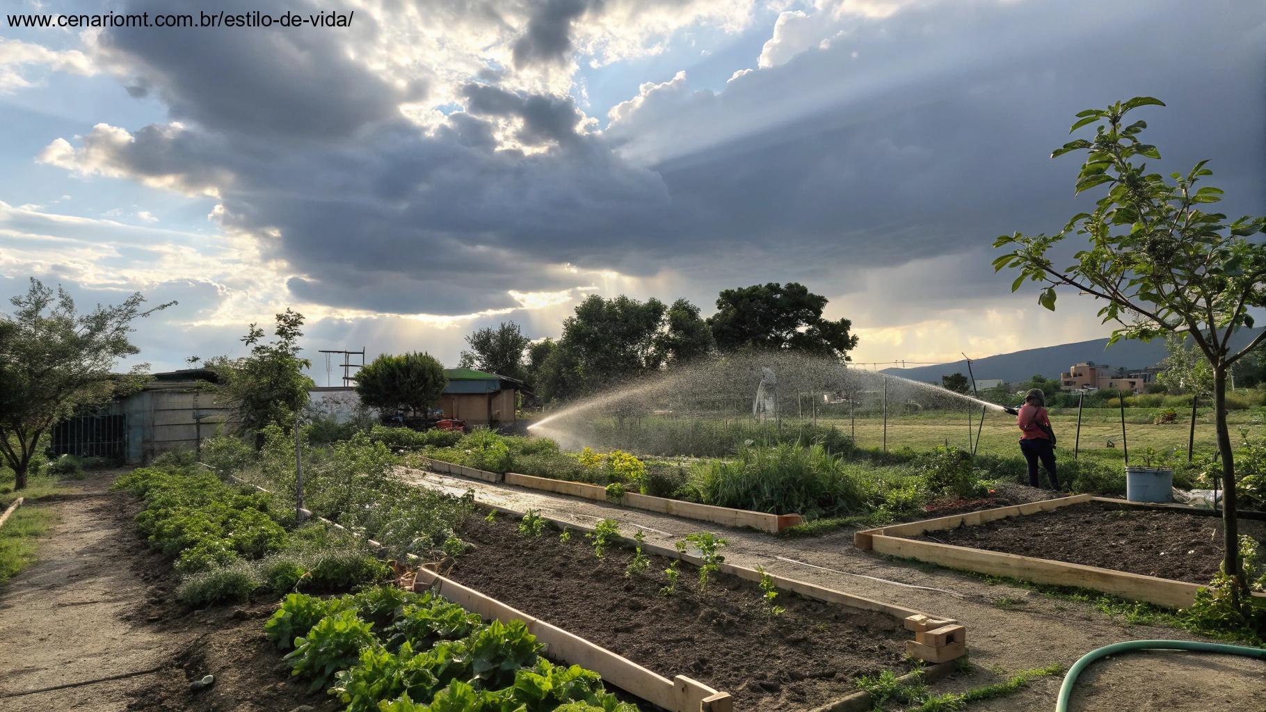 Cena de jardim ao ar livre mostrando plantas sendo regadas sob o sol, com céu nublado indicando considerações climáticas.