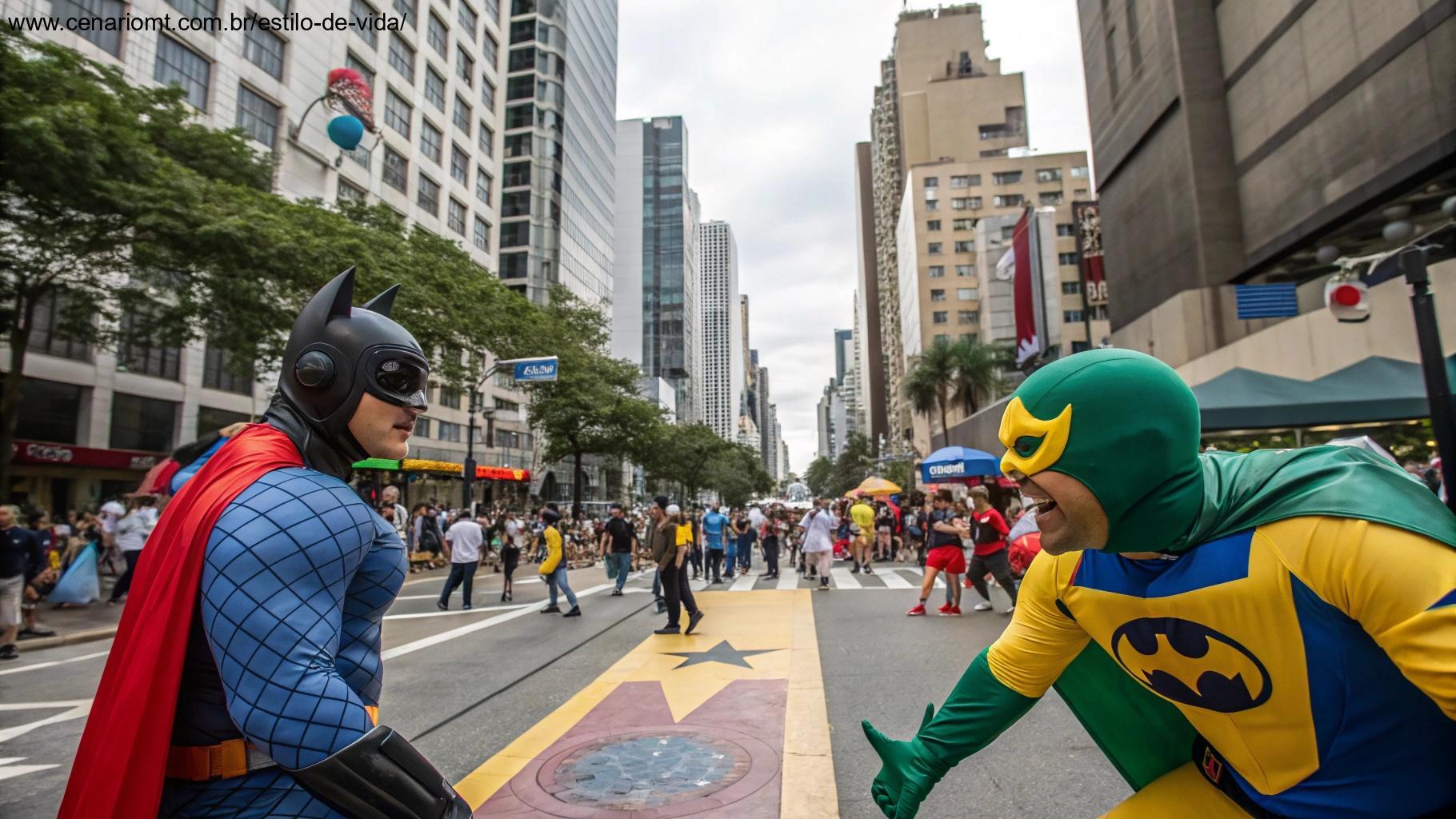 Ilustração dinâmica mostrando a influência dos quadrinhos na cultura brasileira, com personagens icônicos de quadrinhos brasileiros interagindo em uma cena animada na rua.