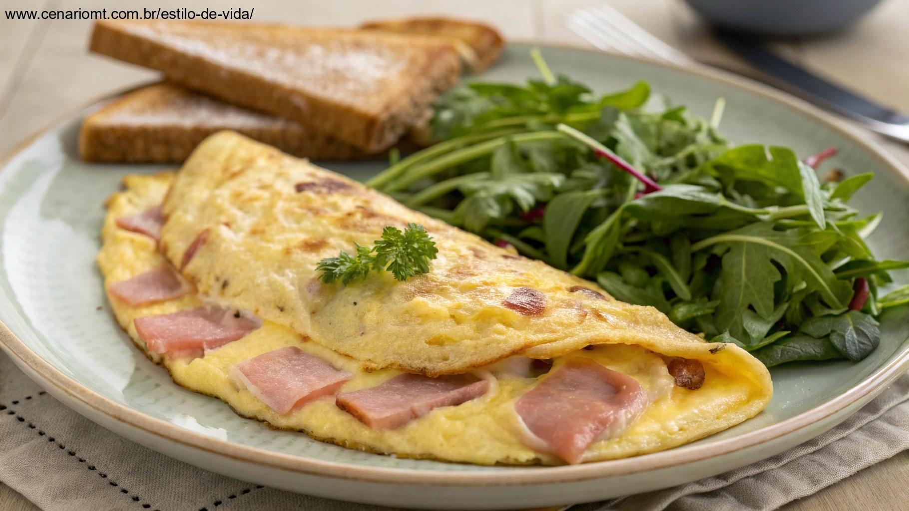Uma omelete clássica de presunto e queijo, cozida à perfeição, servida com uma porção de folhas verdes frescas.