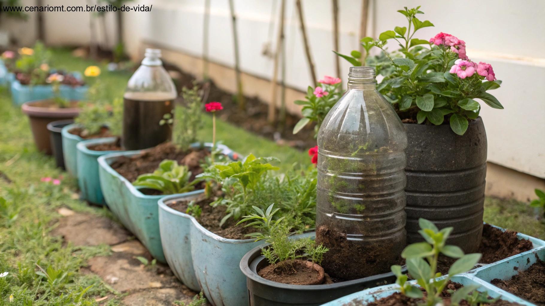 Reciclando garrafas PET para criar vasos sustentáveis para plantas.