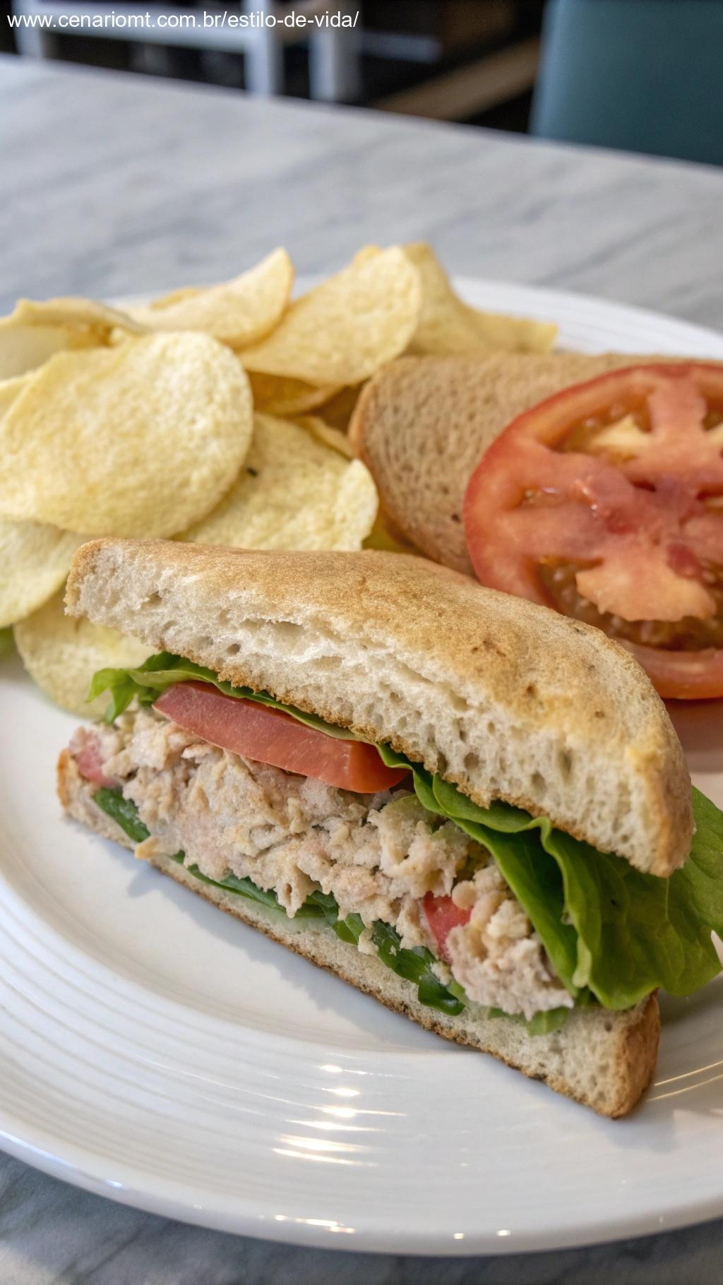 Sanduíche de atum com alface e tomate, servido com batatas fritas.