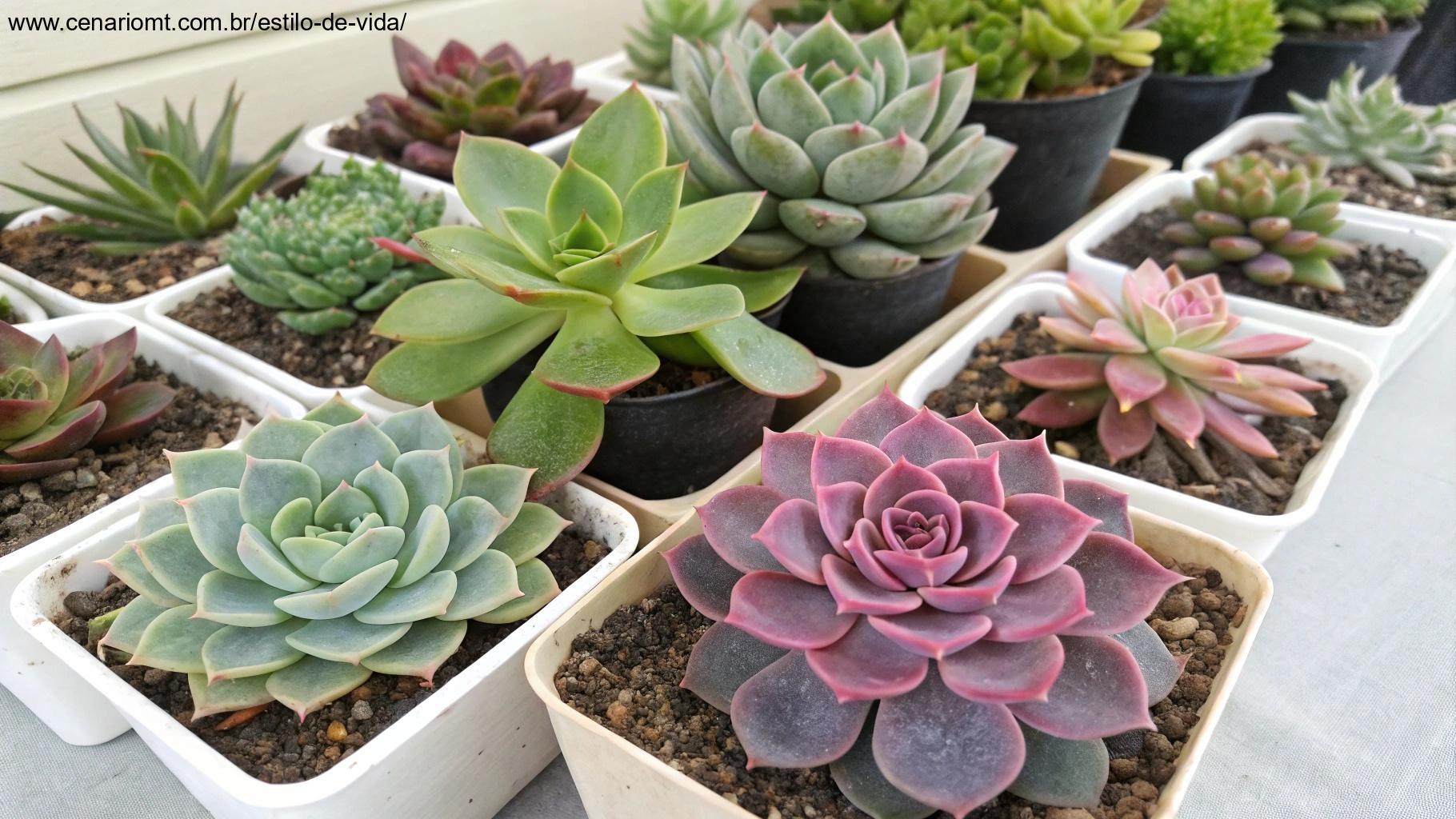 Imagem com várias suculentas de diferentes formas e cores.