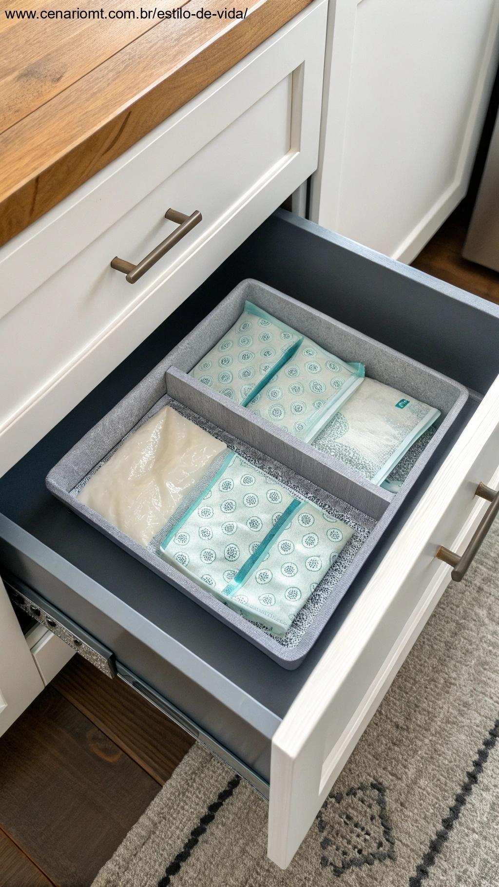 Uma gaveta com absorventes de umidade colocados estrategicamente para manter o interior seco e livre de umidade