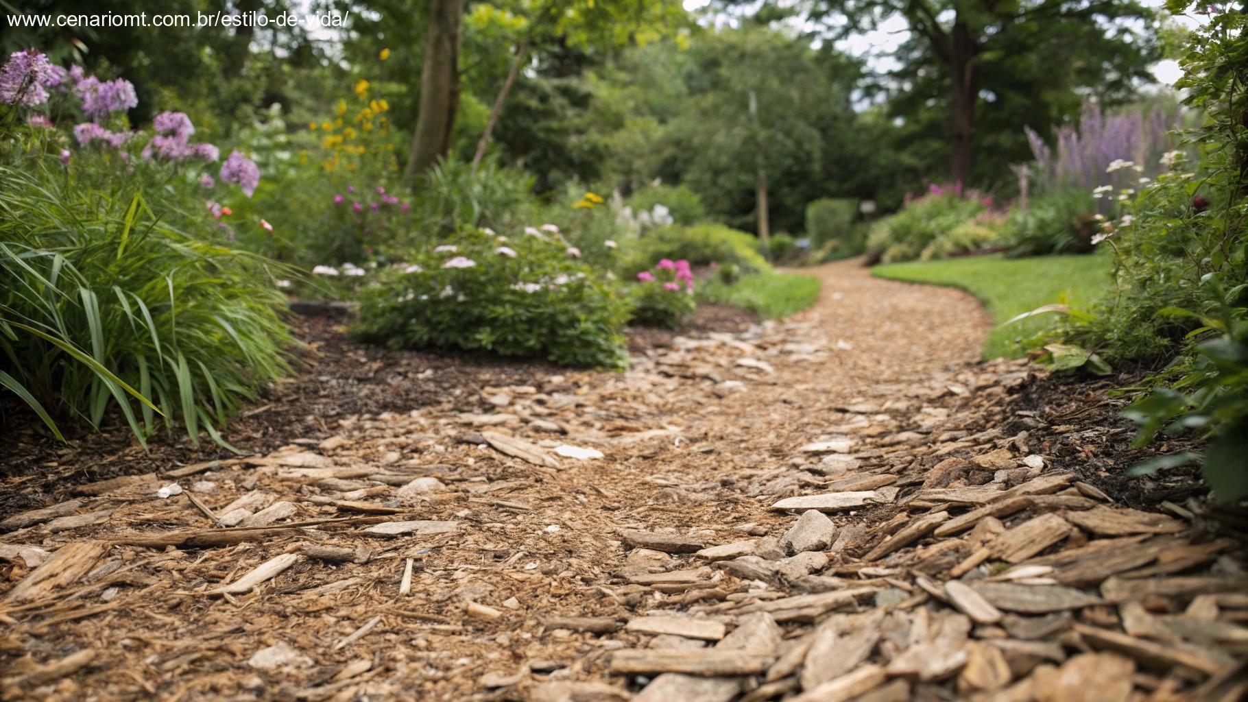 Imagem de um caminho no jardim coberto com uma camada espessa de mulch.