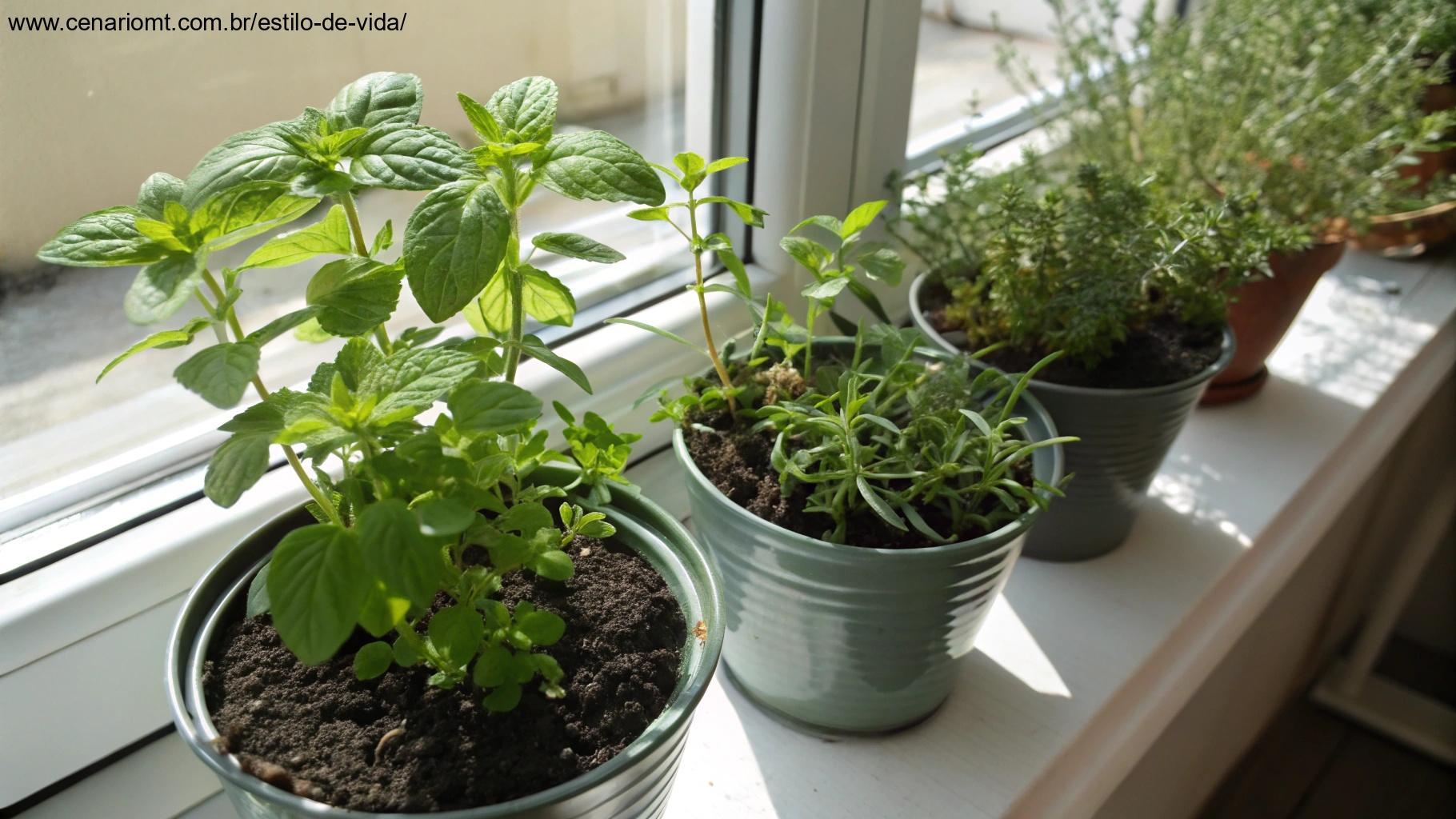 vasos de plantas com temperos como manjericão, tomilho e hortelã em uma janela