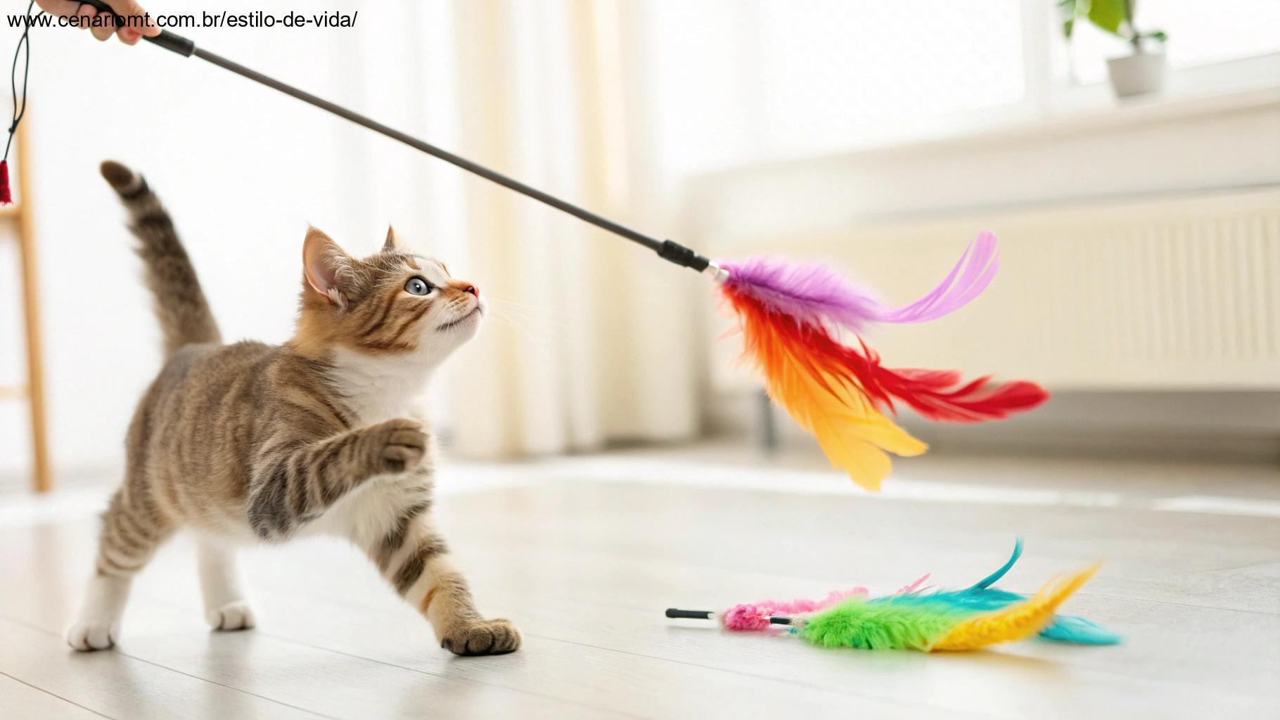 Gato brincando com uma varinha com penas coloridas.