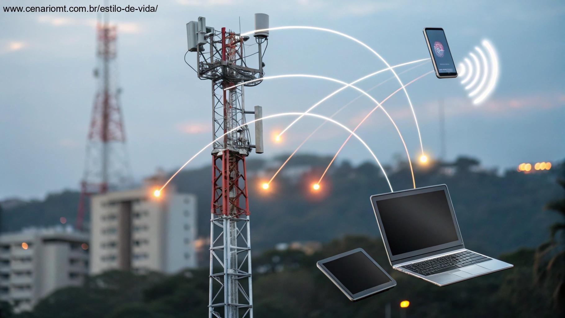 Uma torre de rede 5G de alta velocidade com sinais brilhantes se estendendo para vários dispositivos.