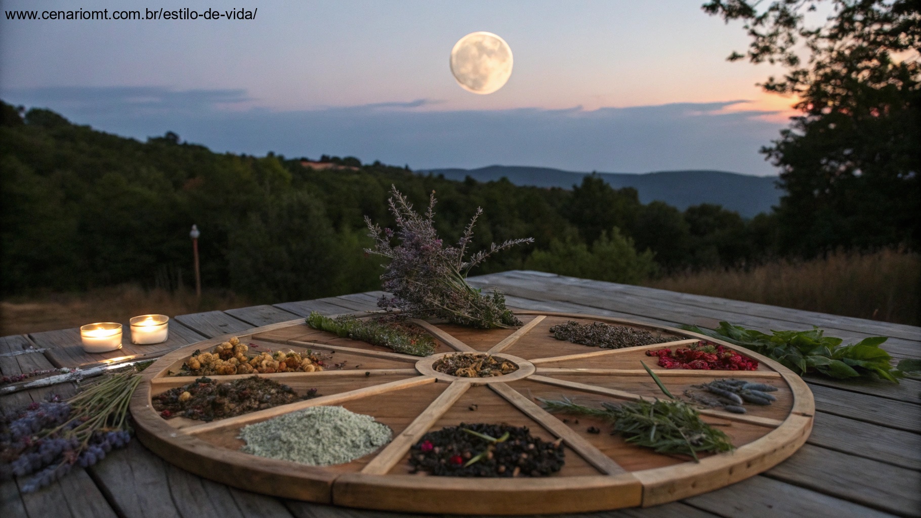 Ritual de detox com ervas e uma lua minguante ao fundo, representando a ideia de que a lua minguante é o melhor momento para desintoxicar o corpo