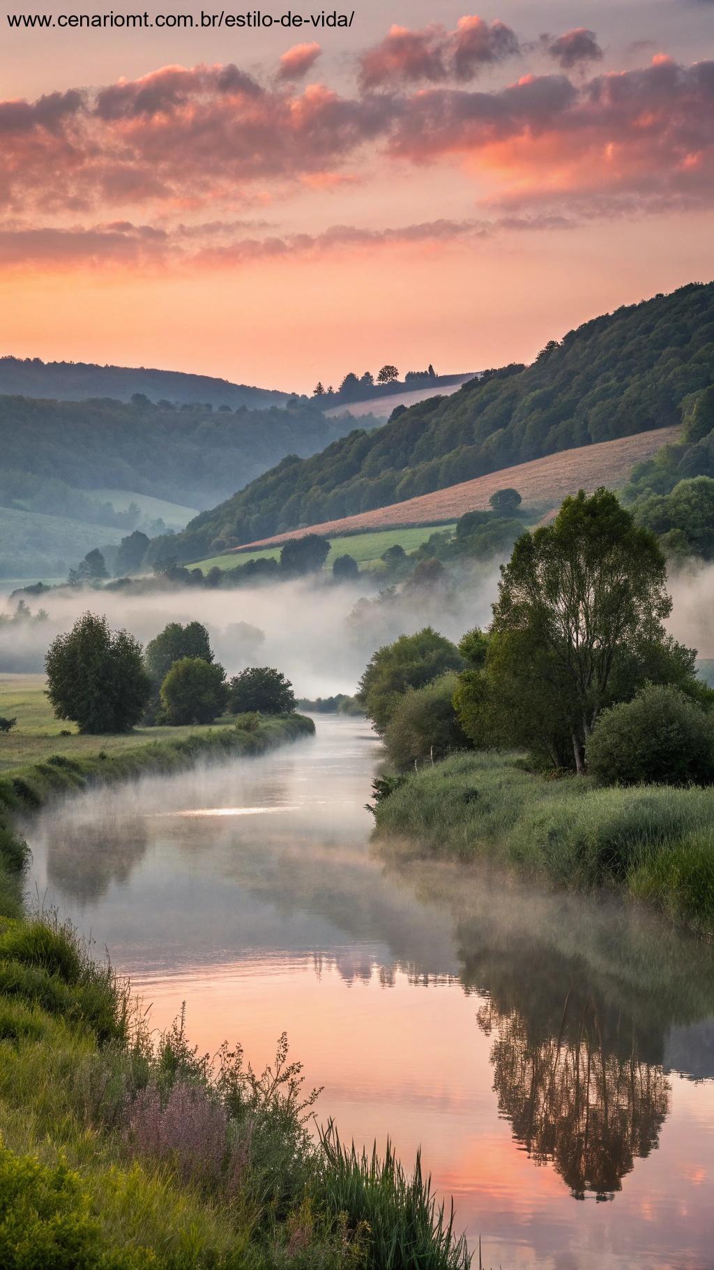 Paisagem tranquila no campo ao amanhecer, com névoa leve sobre um rio calmo.