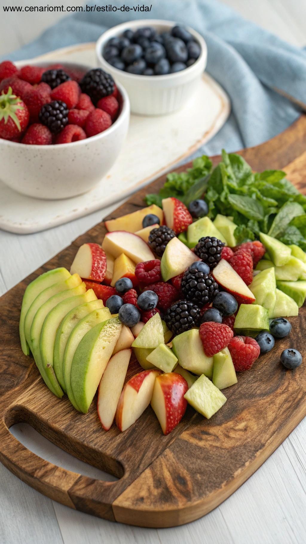 Salada de frutas com abacates, frutas vermelhas e maçãs sobre uma tábua de madeira rústica.