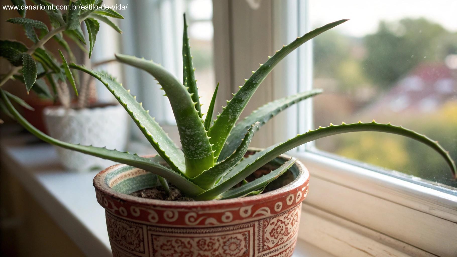 planta de aloe vera em um vaso decorativo na janela, com suas folhas espessas e carnudas se esticando sob a luz natural suave
