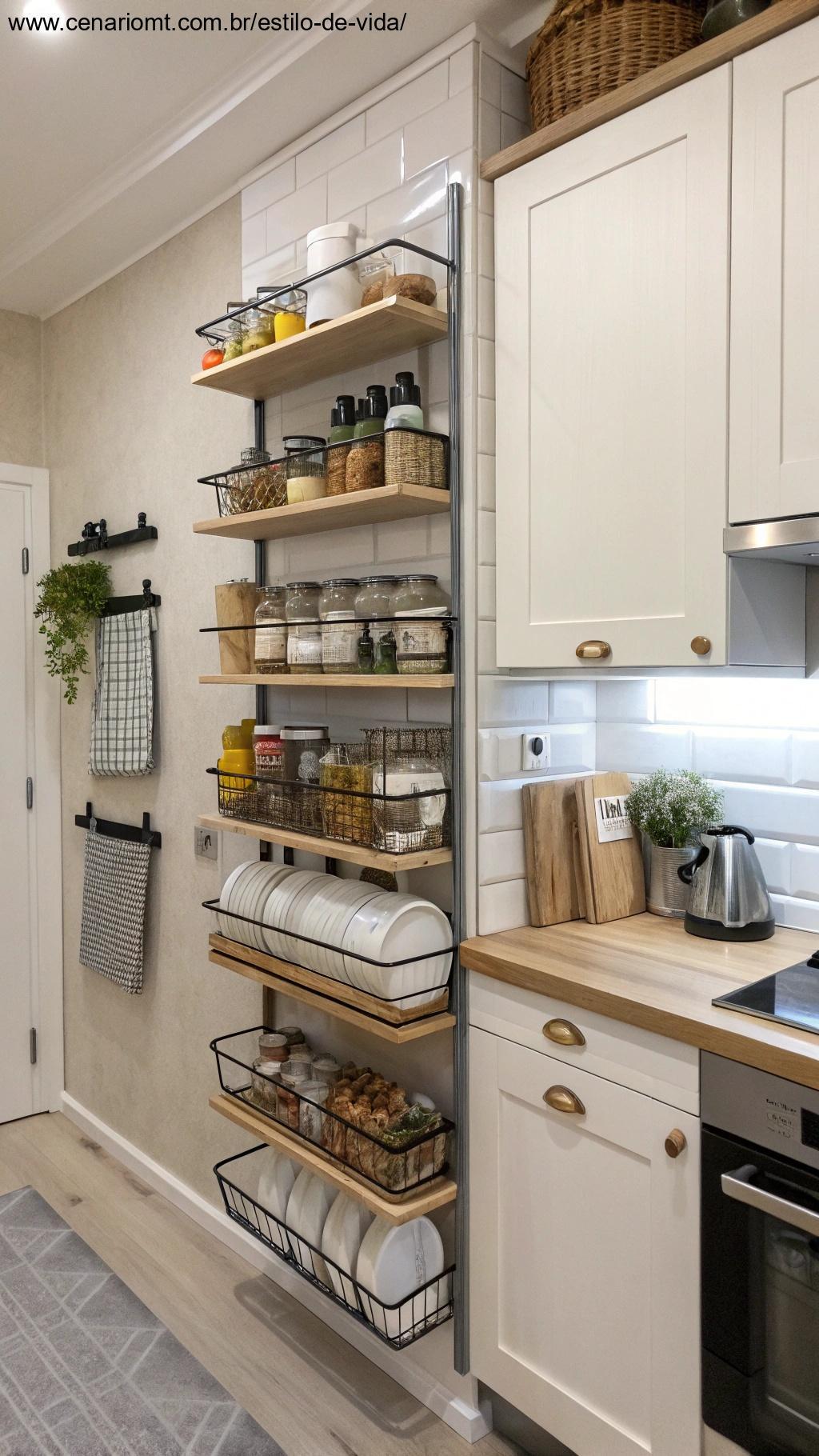 Cozinha com soluções de armazenamento vertical, como prateleiras ou racks montados na parede