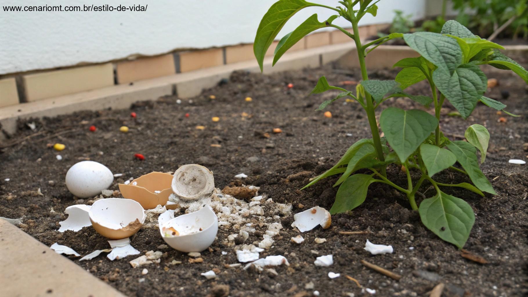 casca de ovo esmagada sobre o solo de um canteiro de jardim com planta saudável