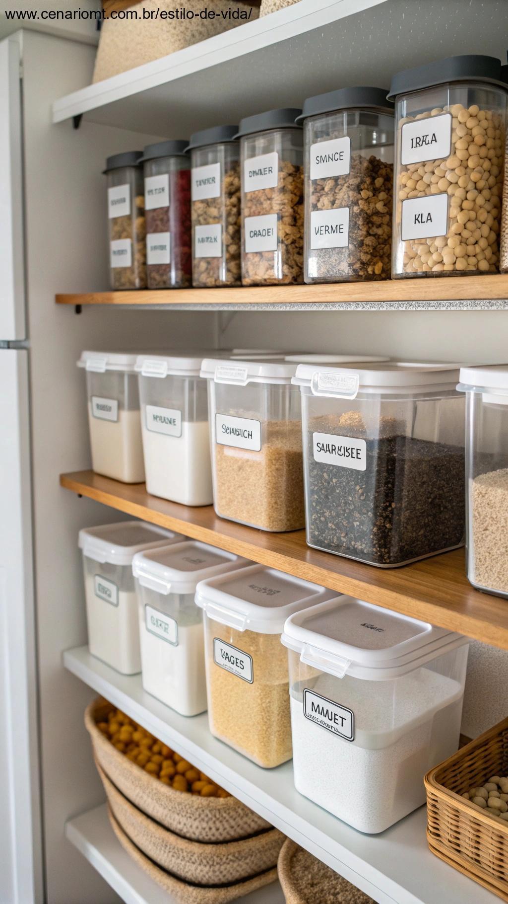 recipientes etiquetados para armazenamento de alimentos na cozinha, categorizando os ingredientes por tipo, garantindo fácil acesso e organização