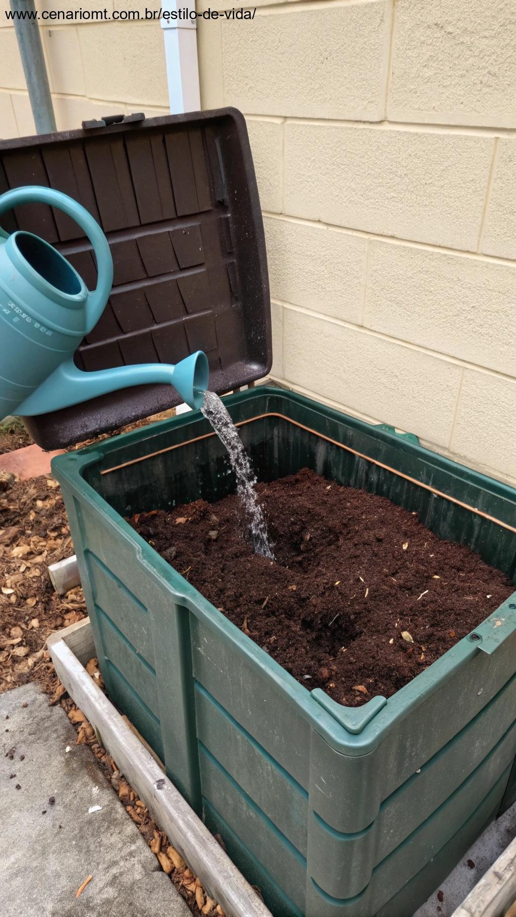 Composteira com chá de compostagem sendo despejado em um regador
