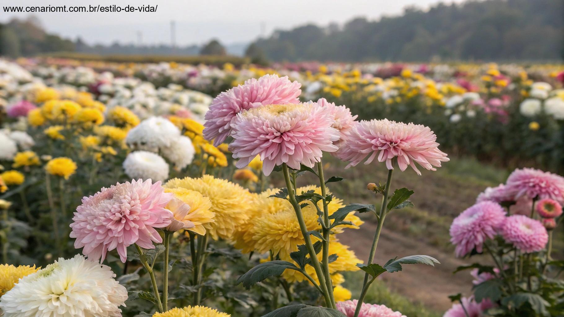 Um campo de crisântemos florescendo em diferentes tons, proporcionando cor e beleza durante o ano todo.