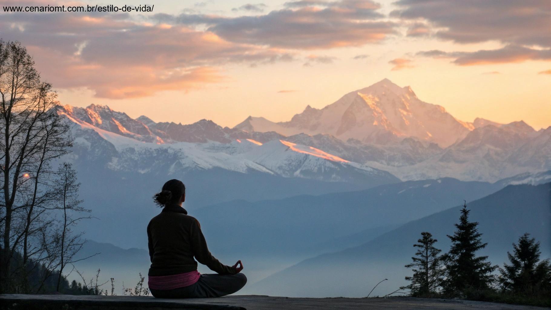 Imagem simbolizando a mentalidade positiva com uma pessoa meditando ao amanhecer