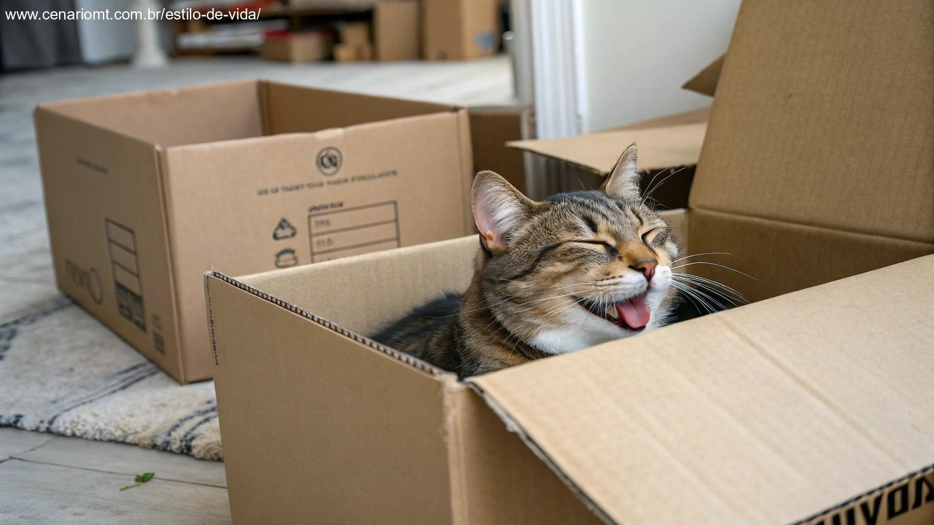 gato descansando feliz dentro de uma caixa de papelão