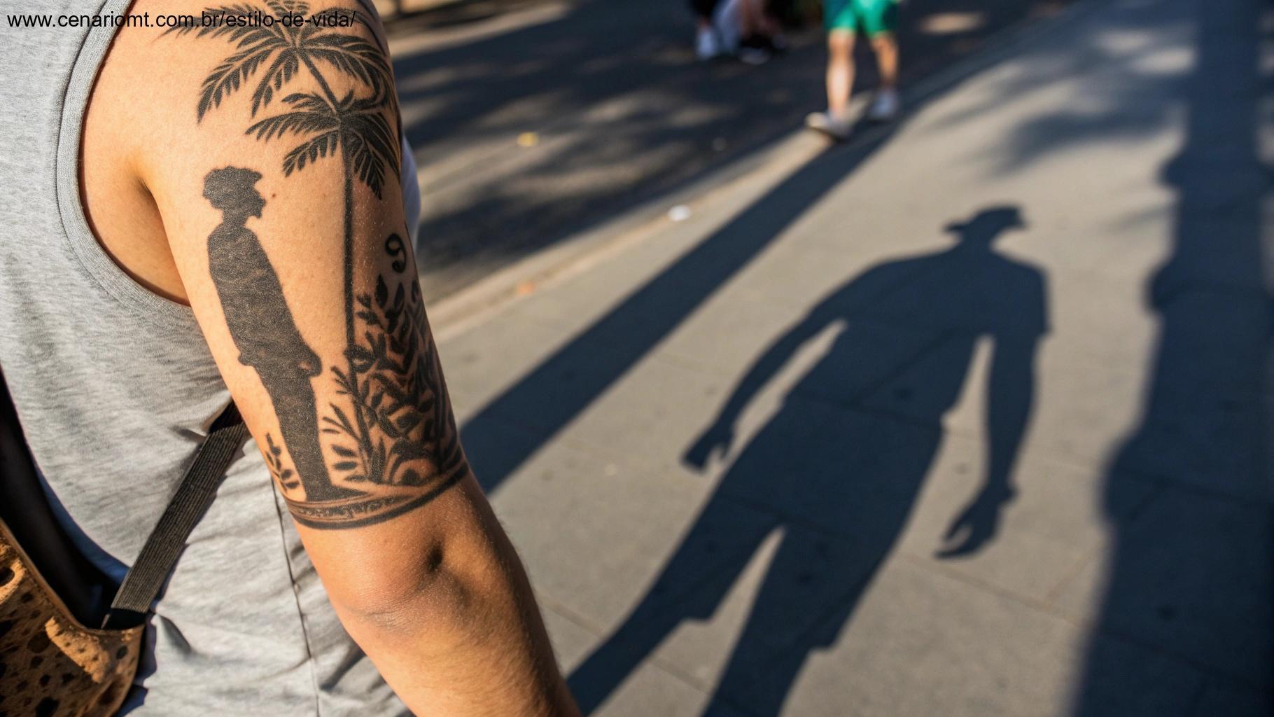 Tatuagem em braço com sombra de pessoa em exposição ao sol