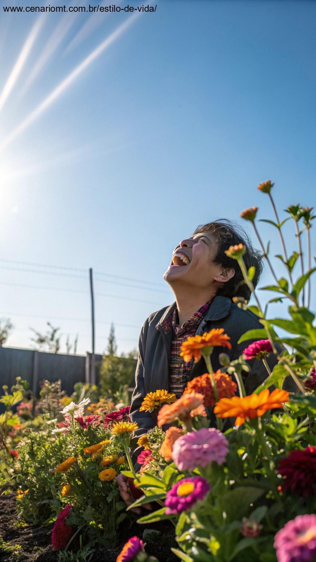 uma pessoa rindo de alegria, cercada por flores coloridas e sol brilhante