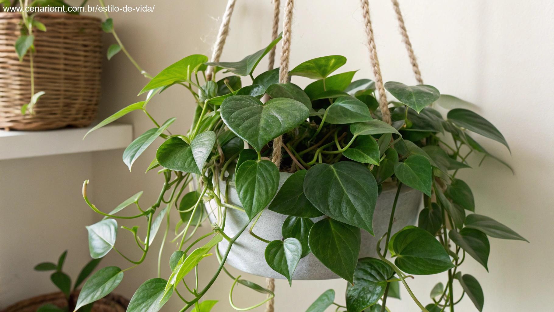 Jiboia pendente em vaso suspenso com folhas verdes brilhantes.