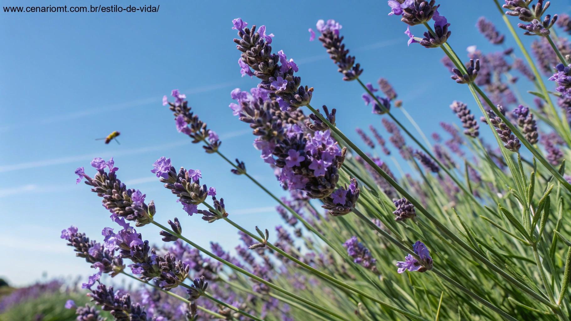 Uma planta de lavanda em plena floração, com flores roxas e folhas verdes suaves, contra um céu claro.