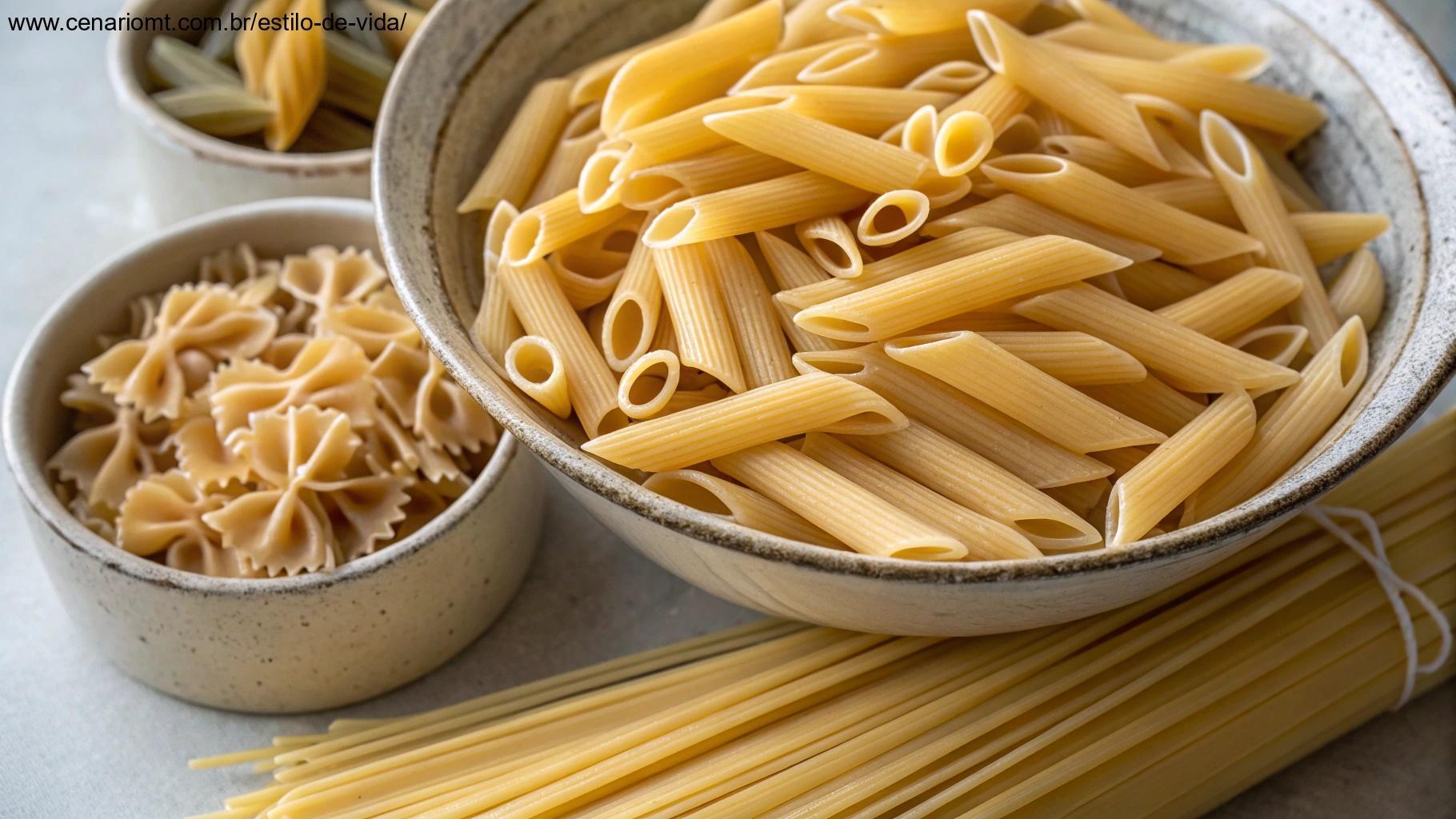 Macarrão cru em um recipiente, pronto para armazenar.