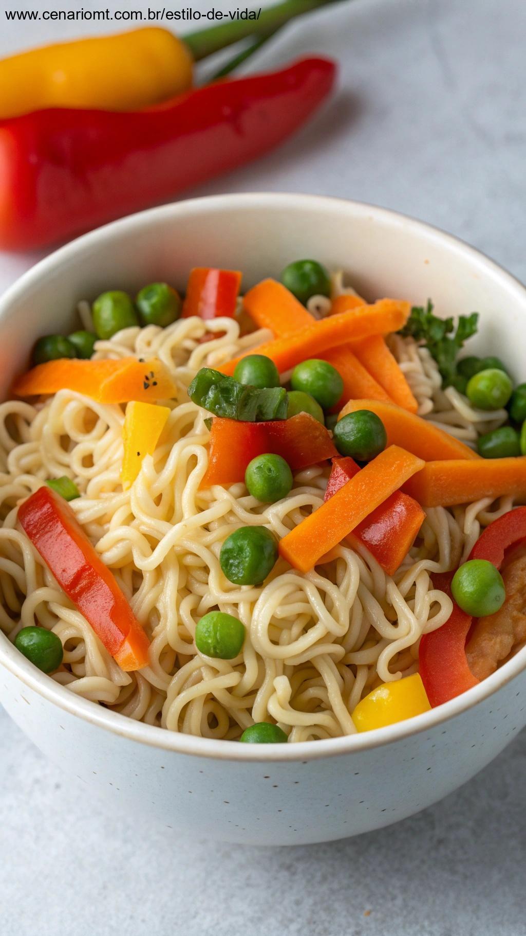 Macarrão instantâneo com legumes frescos como cenoura, ervilhas e pimentão.