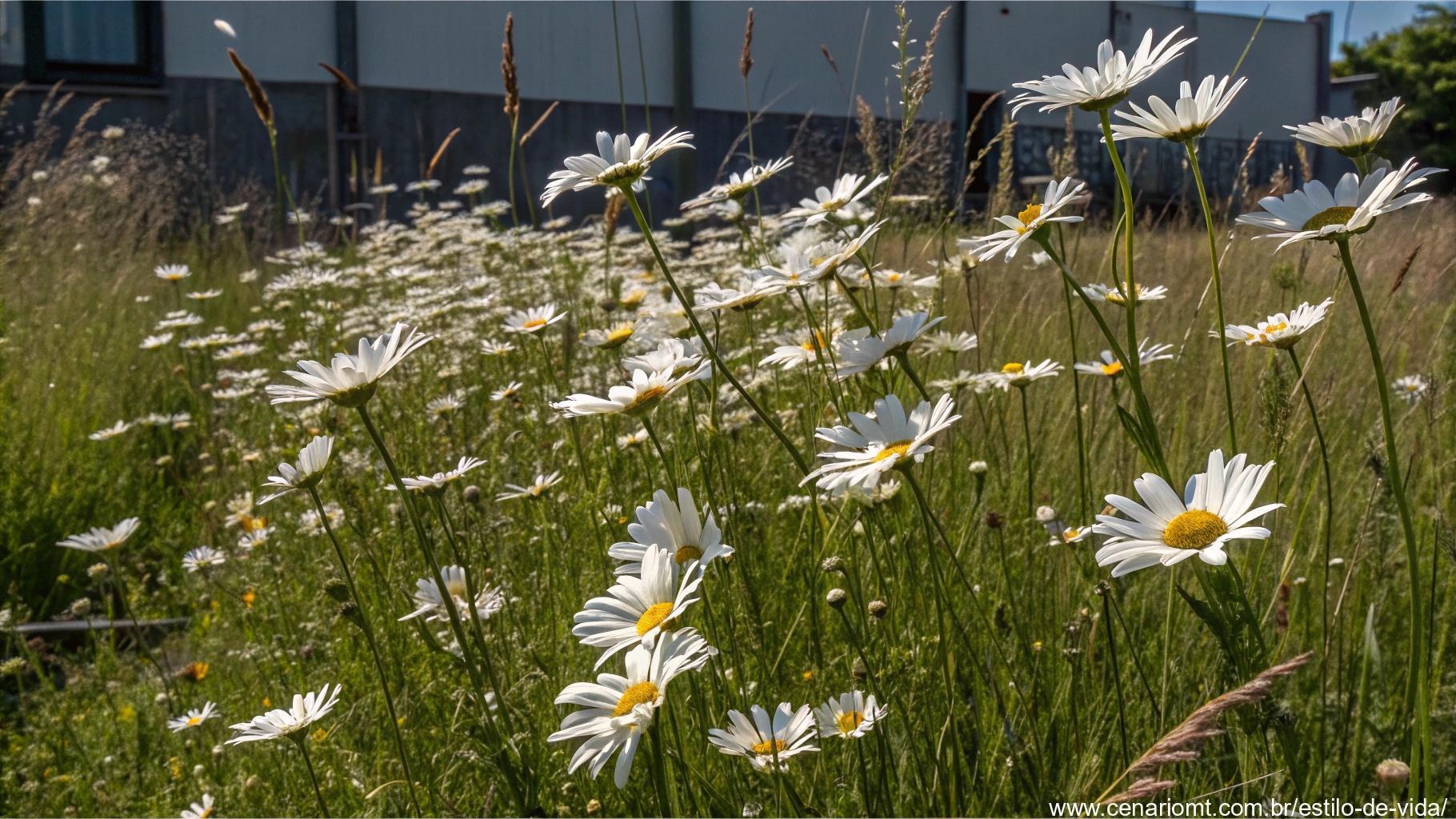 campo de flores margarita (Leucanthemum vulgare) em pleno florescimento