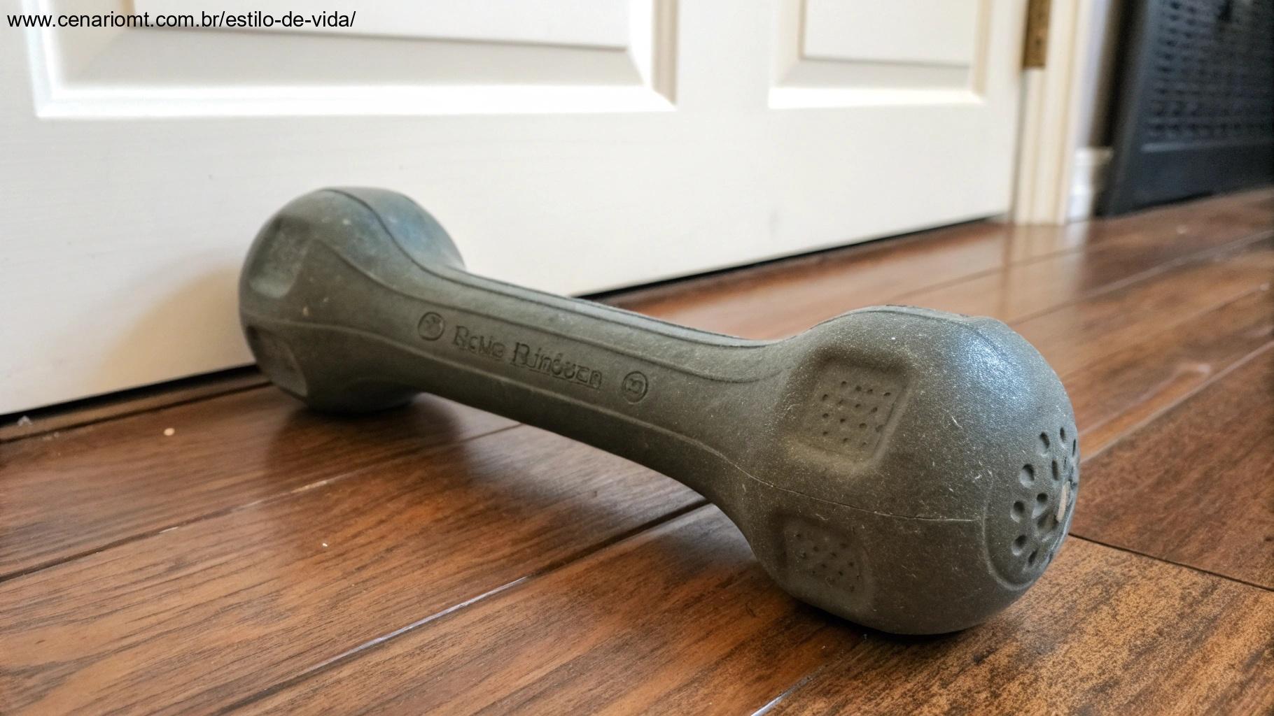 Mordedor de nylon para cães, com formato de osso, colocado sobre um piso de madeira.