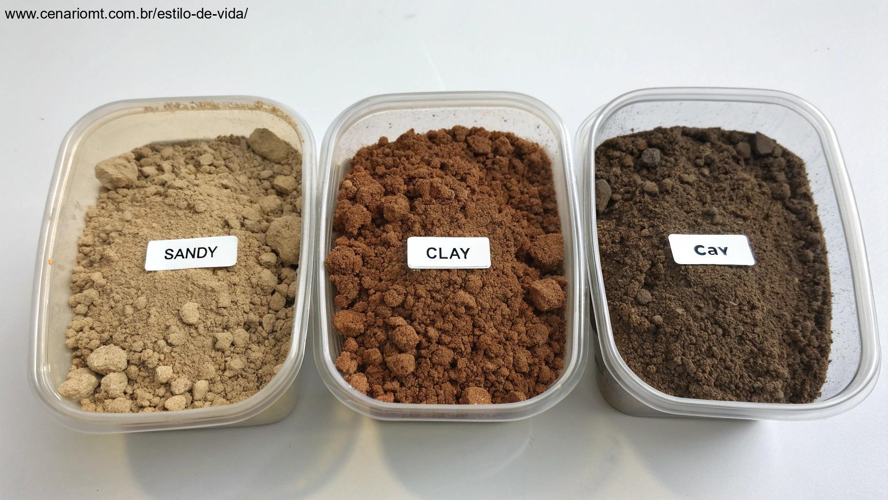 diferentes tipos de solo em pequenos recipientes, mostrando suas texturas e consistências para as necessidades das plantas