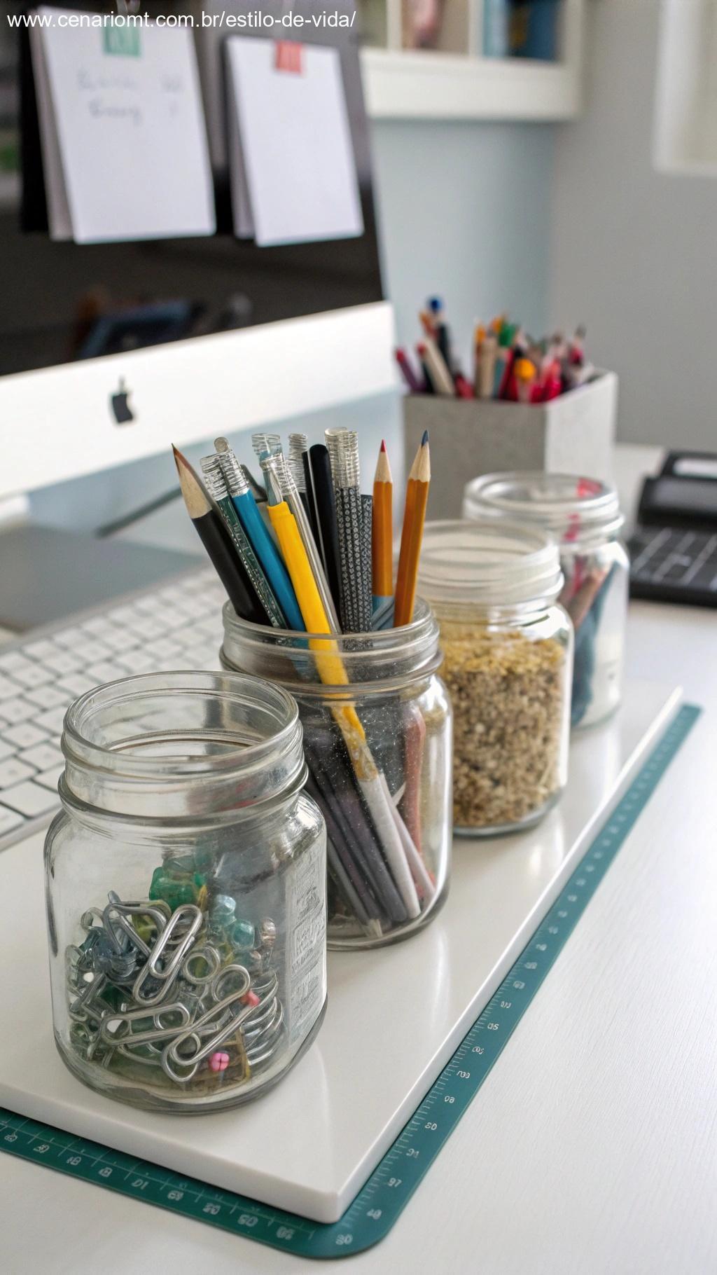 Frascos de vidro usados como organizadores de mesa, segurando canetas, lápis e pequenos suprimentos de escritório, organizados em uma mesa moderna