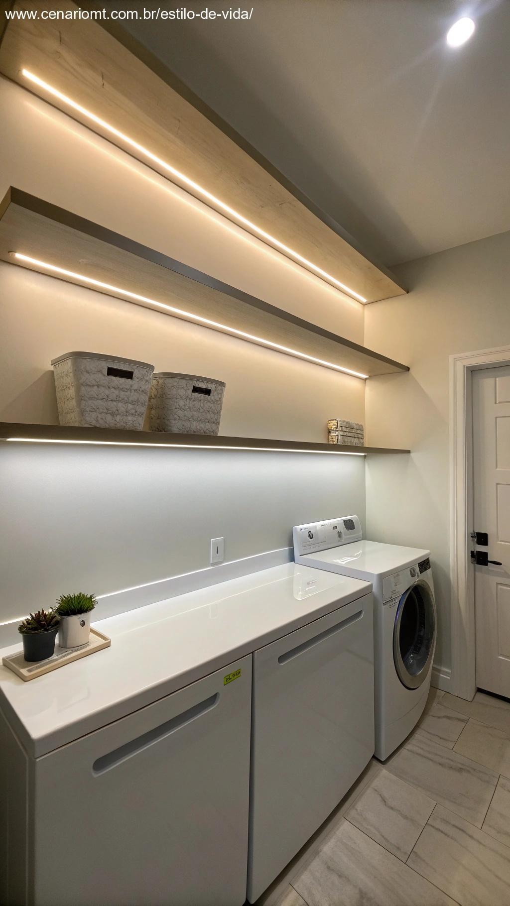 Prateleiras flutuantes com iluminação LED em uma lavanderia, modernas e minimalistas