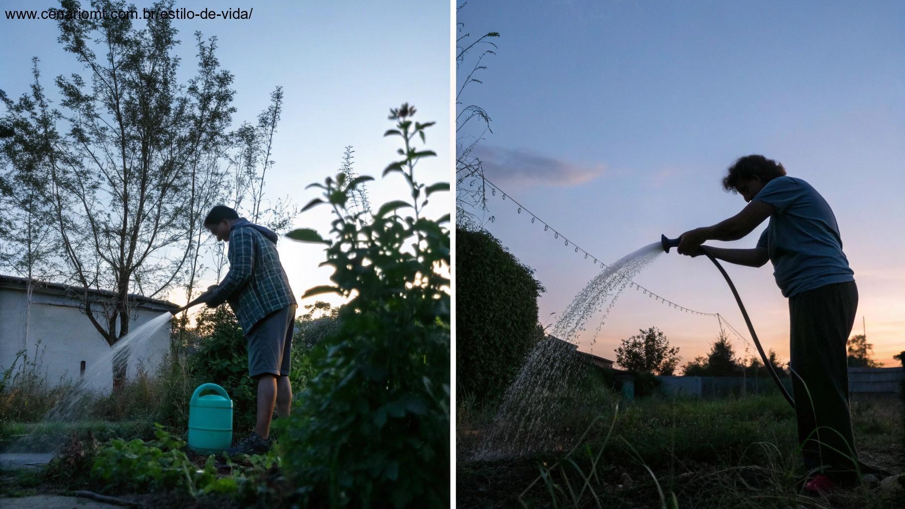 Cenas matinais e noturnas de jardim ao ar livre com uma pessoa regando plantas em diferentes horários do dia, mostrando o impacto do horário de rega.