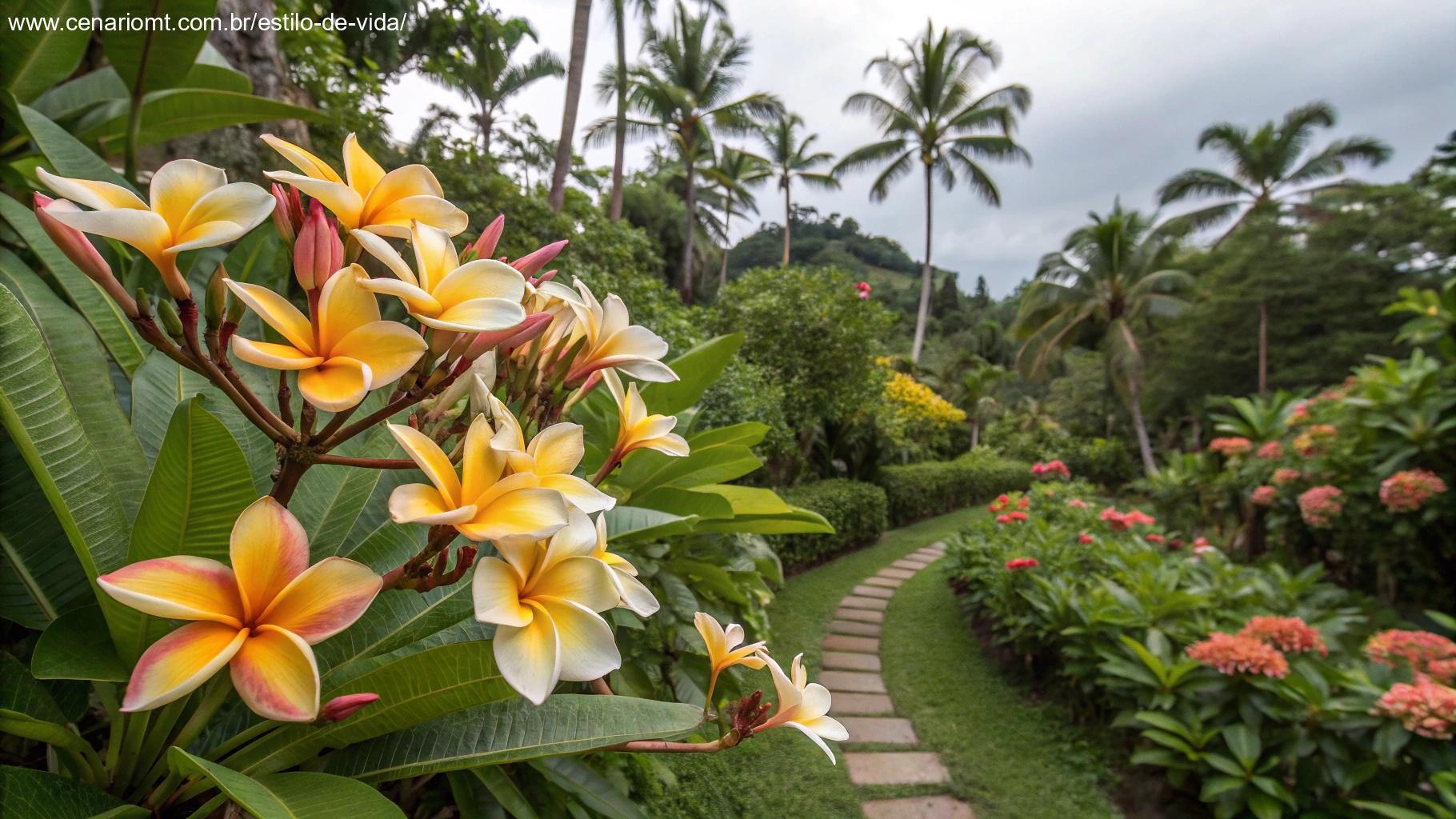 Jardim tropical com flores de gardênia vibrantes e exóticas.