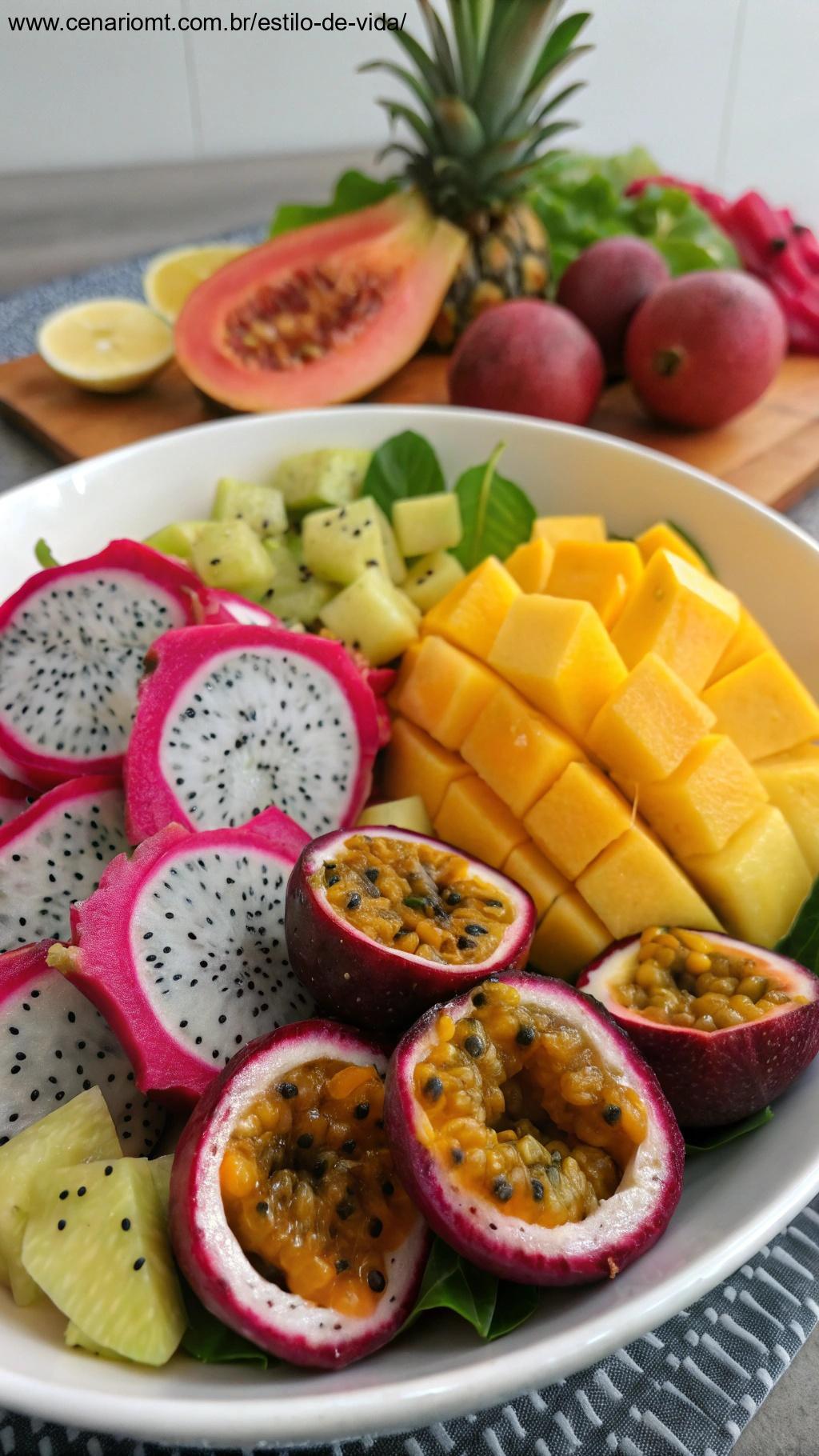 uma variedade de frutas exóticas, incluindo pitaya, manga e maracujá, misturadas em uma salada vibrante