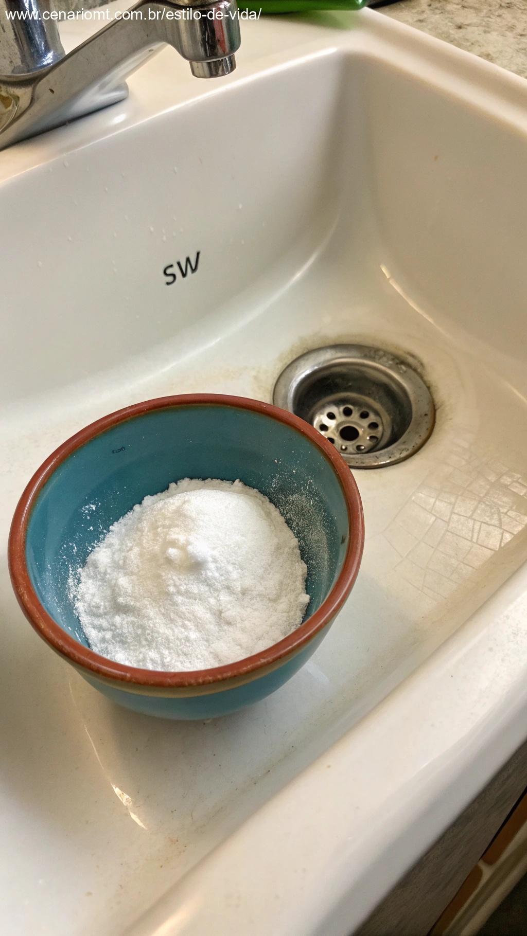 Pequena tigela com bicarbonato de sódio e água oxigenada, colocada ao lado de um ralo de pia limpo e brilhante