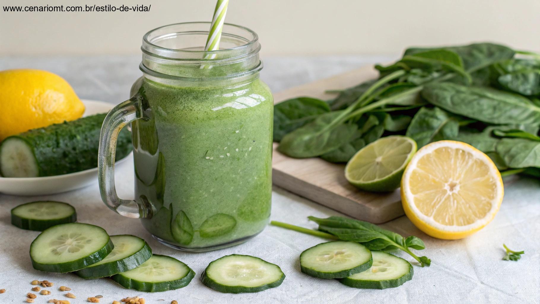 Suco verde detox com pepino, espinafre e limão.