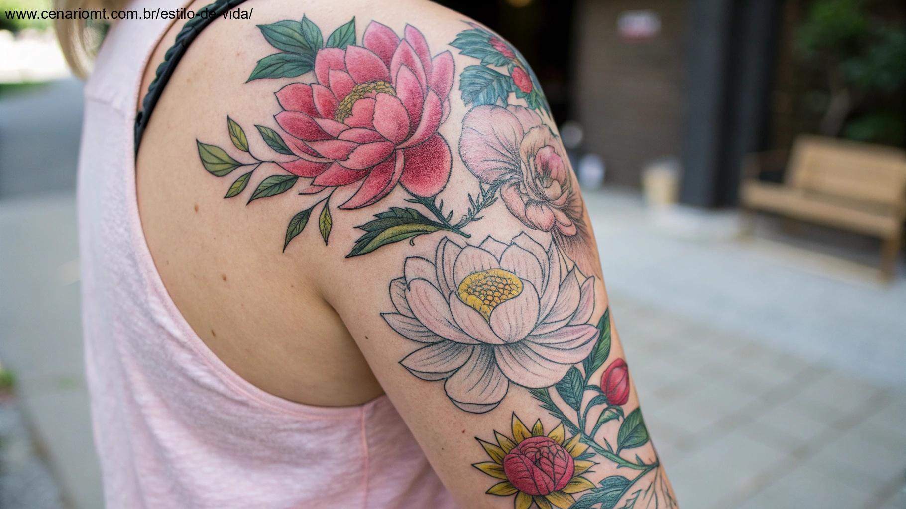 Tatuagens florais com várias flores, como rosas, peônias e lótus, entrelaçadas com linhas suaves e sombreamento para um visual natural